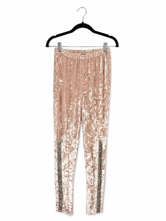 Venus Pants - VENUS Crushed Velvet Leggings Blush Pink Rhinestone Side Stripe XS